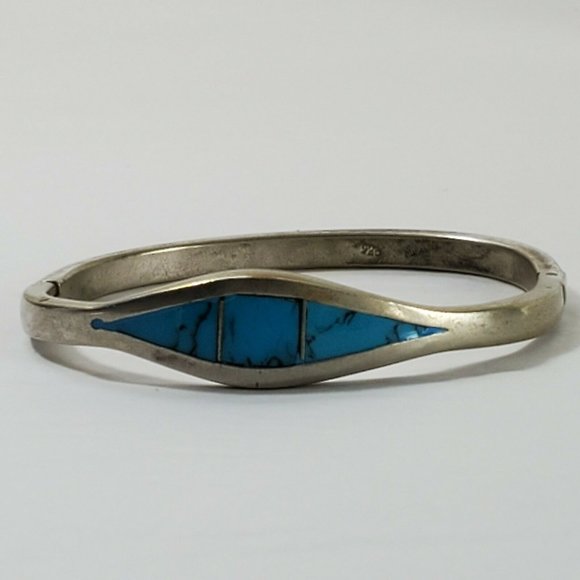 SOLD Sterling Silver Turquoise Inlaid Bracelet - Picture 2 of 12